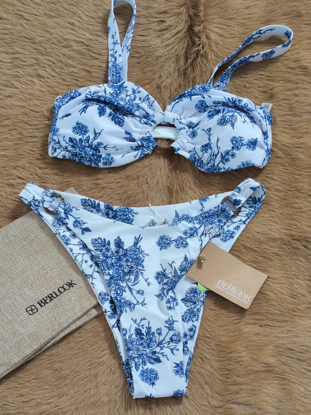 BERLOOK White & Blue Floral Bandeau Bikini Set